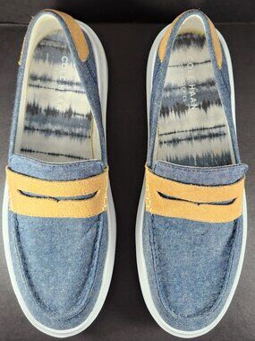 New Cole Haan 9B Grandpro Rally Canvas Penny Loafer Chambray / CH Farro Suede
